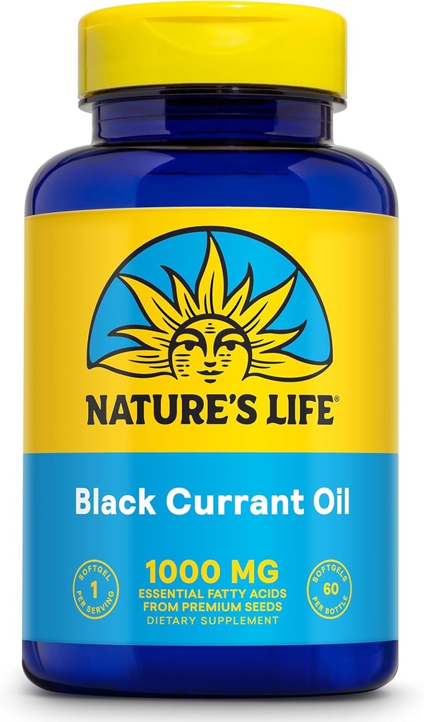 NATURE's LIFE Black Currant Olio di semi 1000mg - Olio di ribes nero, Fonte naturale di Omega 6 Gamma Linolenic Acid (GLA) e Omega 3 Alpha-Linolenic Acid (ALA), Garanzia di 60 giorni, 60 Servings, 60 Softgels
