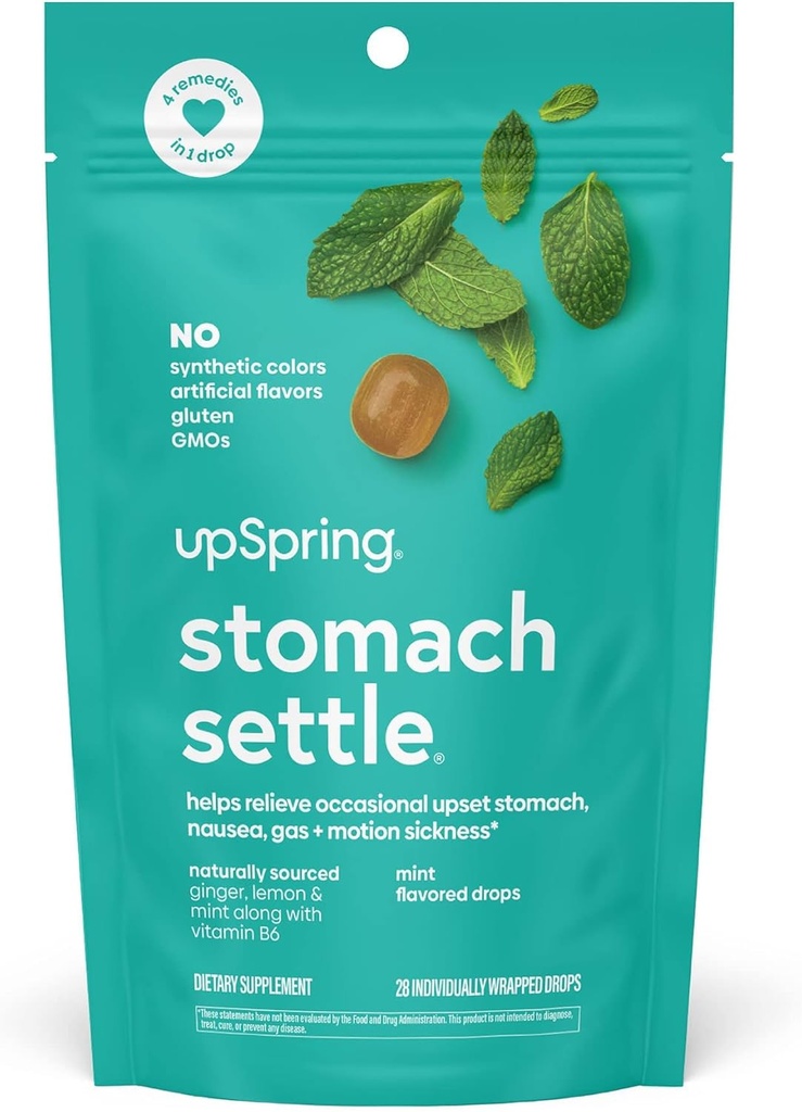 UpSpring Stomach Settle Drops for Occasional Nausea Relief/Upset Stomach with Ginger, Lemon, Spearmint, and B6. Mint Flavor Drops, 28 Ct(Packaging May Vary)