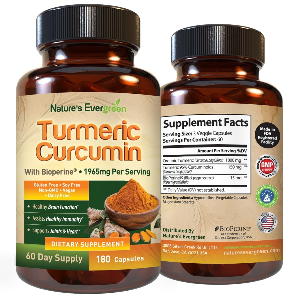 Kurkuma Curcumin mit schwarzem Pfeffer Extrakt (Bioperine) & Organic Turmeric Vegan Joint Support Supplement. Extrakt 95% Curcuminoide 1965mg Ergänzung für gesunde Gelenke und Immununterstützung. 180 Kapseln