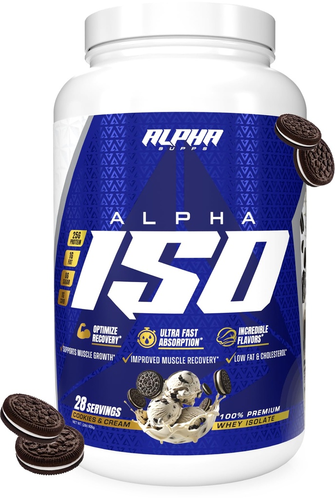 Alpha Supps ISO, Low Carb 100% Whey Protein Isolate Powder, 25 Grams Per Serving, Helps Support Muscle Growth, Low Sugar and Gluten Free (Cookies & Cream, 2 lb)