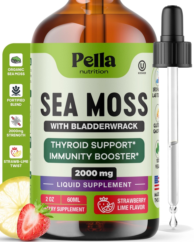 Pella Nutrition Sea Moss Drops with Bladderwrack – 4X Assorbimento Più veloce Di Irish Sea Moss Gel Superfood, Gummies, and Capsules – Digestivo & Immune Support Supplement (Strawberry Lime, 60mL)