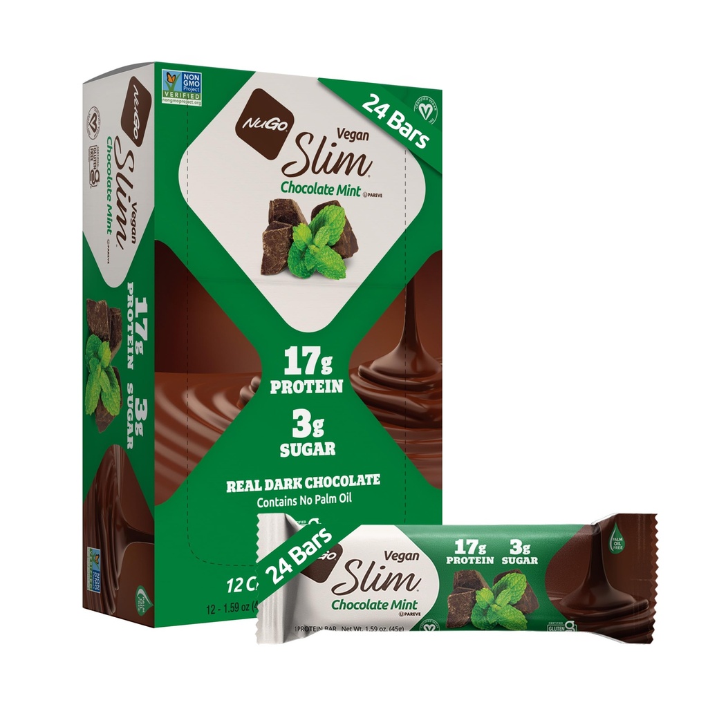 Nugo Slim Dark Chocolate Mint, 18g Vegan Protein, 3g Sugar, 6g Fiber, Carburo basso, Keto Friendly, Gluten Free, 24 Count
