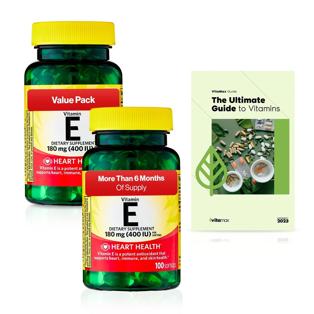Spring Valley Vitamine E Heart Health Dietary Supplement Softgels, 180 mg (400 UI), 200 Compte, 2-Pack + Guide exclusif VitaMax Vitamine (3 articles)