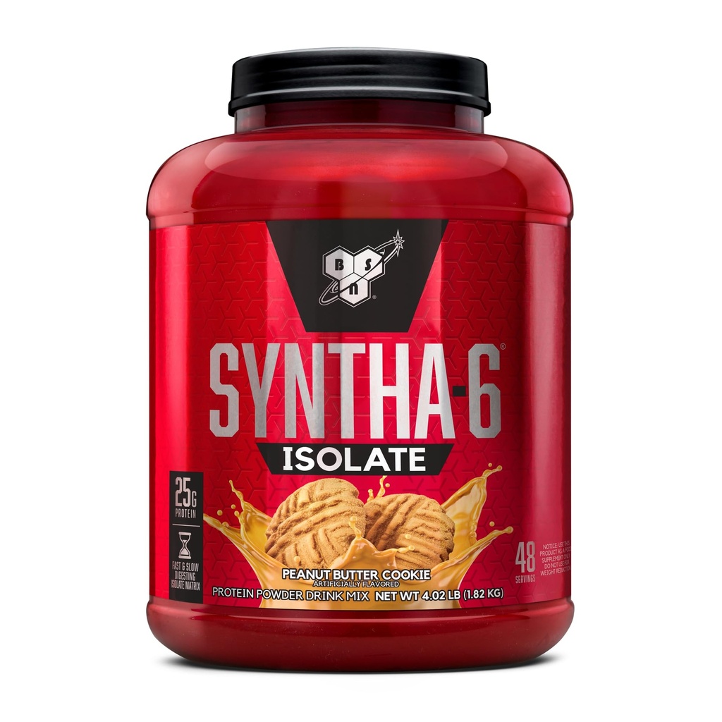 BSN SYNTHA-6 Isolate, Peanut Butter Post Workout Protein Powder for Muscle Gain, Whey Protein Isolate, Milk Protein Isolate, Essential Amino Acids, Peanut Butter Cookie, 4.02 Pounds, 48 Servings