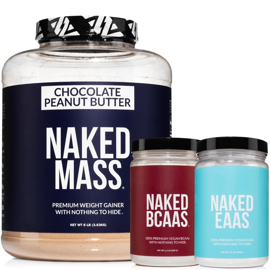 NAKED Chocolate Peanut Butter Mass Protein 8LB - EAAs (50 Servings) - BCAAs (100 Servings) – Bulk; Vegan; Non-GMO; Gluten Free; Soy Free