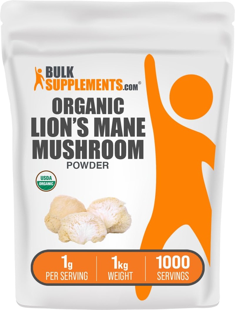 BulkSupplements.com Bio Lions Mane Mushroom Powder - Lions Mane Powder, Mushroom Supplement - Vegan & Glutenfrei, 1g pro Servierung, 1kg (2.2 lbs) (Pack von 1)