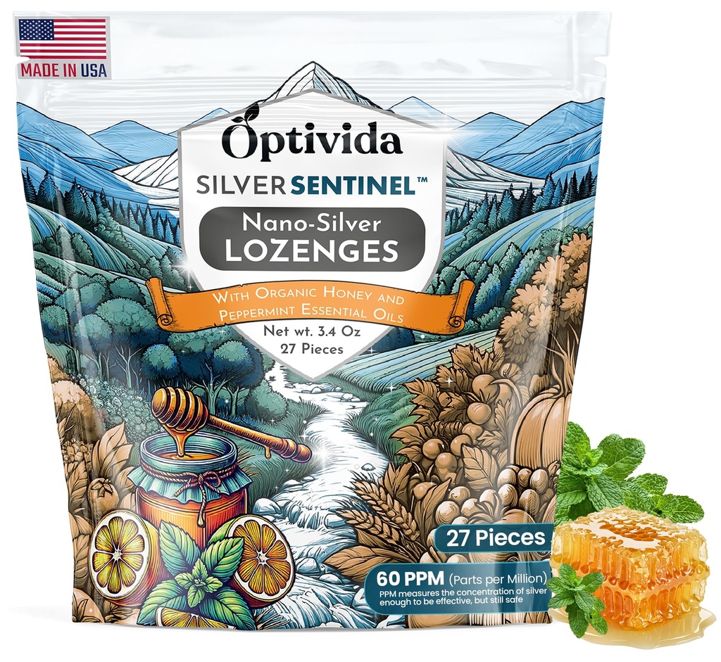 OPTIVIDA Health Colloidal Silver Lozenges mit Honey & Lemon Oil (1 Pack) - Soothing Sore Throat Lozenges für Erwachsene mit Cough Relief & Fast-Acting Nano Silber Formel für Immununterstützung, 60 Ppm