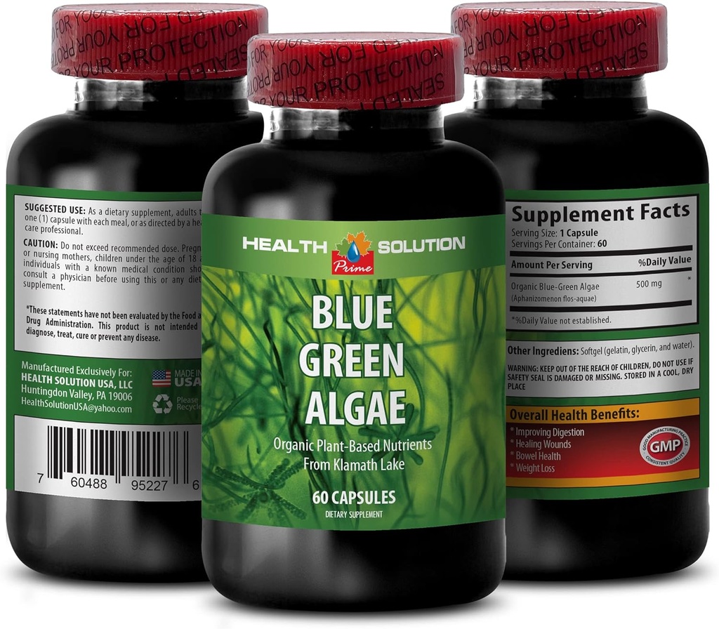 Blue Green Algae Superfood - Blue Green Algae - Blue Green Algae per l'immunità - Klamath Shores Blue Green Algae, Supplemento di digestione, Integratore di supporto immunitario, Polvere di alghe verdi blu, 1b 60 Caps