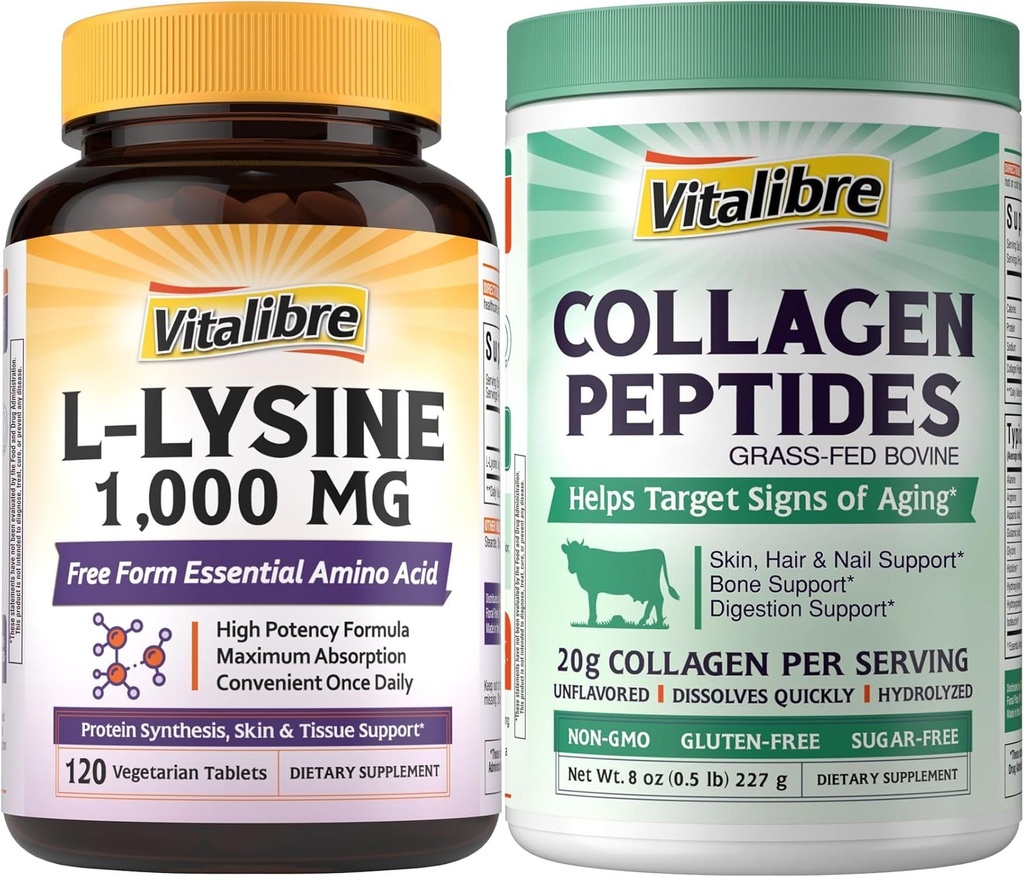 Vitalibre L-Lysine 1000 mg Tablets + Bovine Collagen Peptides Powder Bundle, Essential Amino Acid & Hydrolyzed Collagen Protein, Skin & Immune Support, 120 Tablets + 8oz