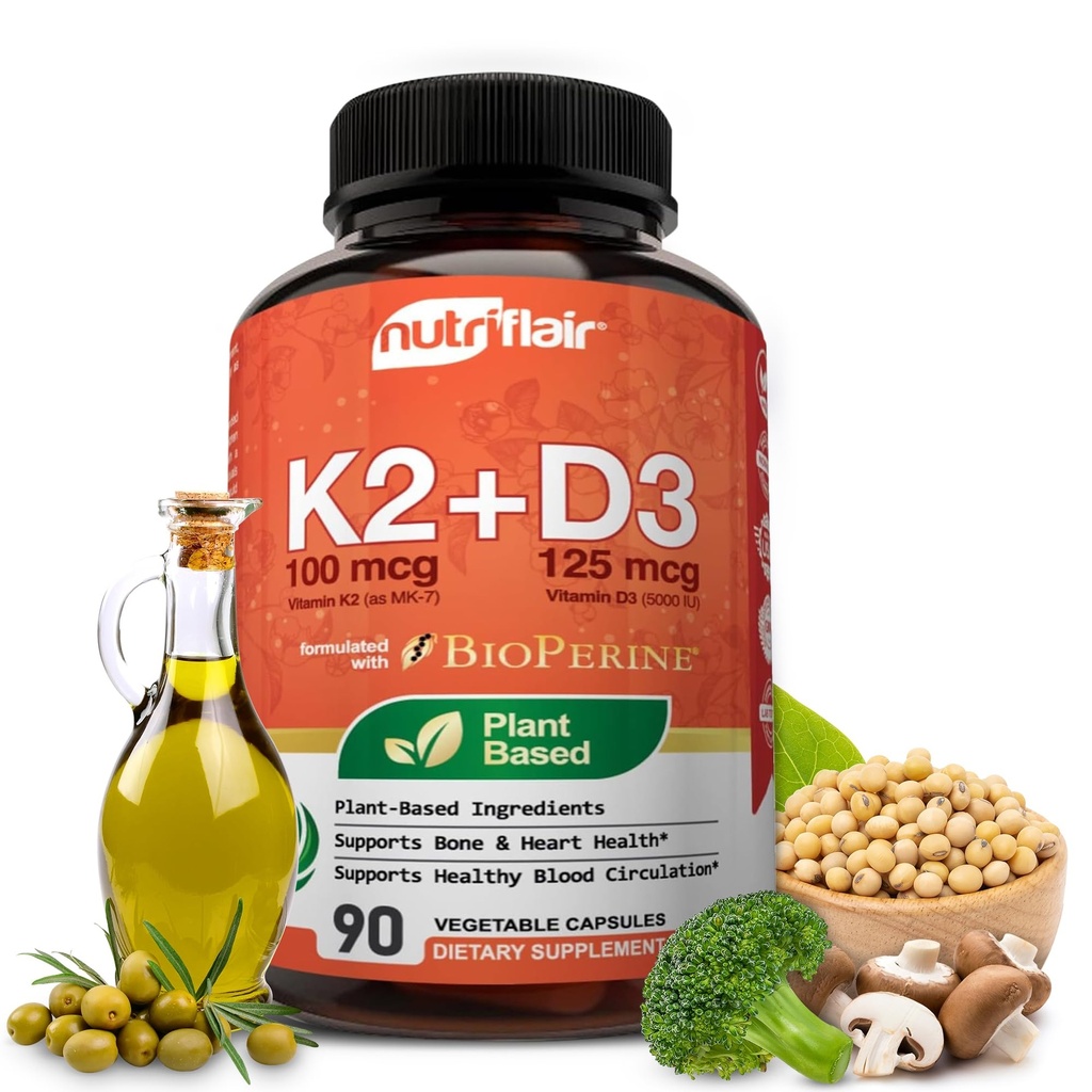 NutriFlair Vitamine D3 (5000iu/125mcg) + K2 (als Mk7) - Hergestellt mit pflanzlichen Zutaten Plus BioPerine Black Pepper Extract, 90 Kapseln - Unterstützt Gesundes Immunsystem, Herz und Gesundheit - Nicht-GVO-Pillen