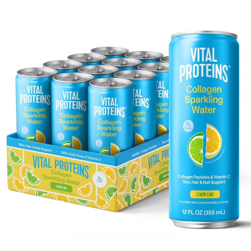 Vital Proteins, Collagen Sparkling Water, Lemon Lime, VERISOL® Collagen Peptides + Vitamin C, 0g Sugar, Skin Support Drink, 12 FL OZ Can