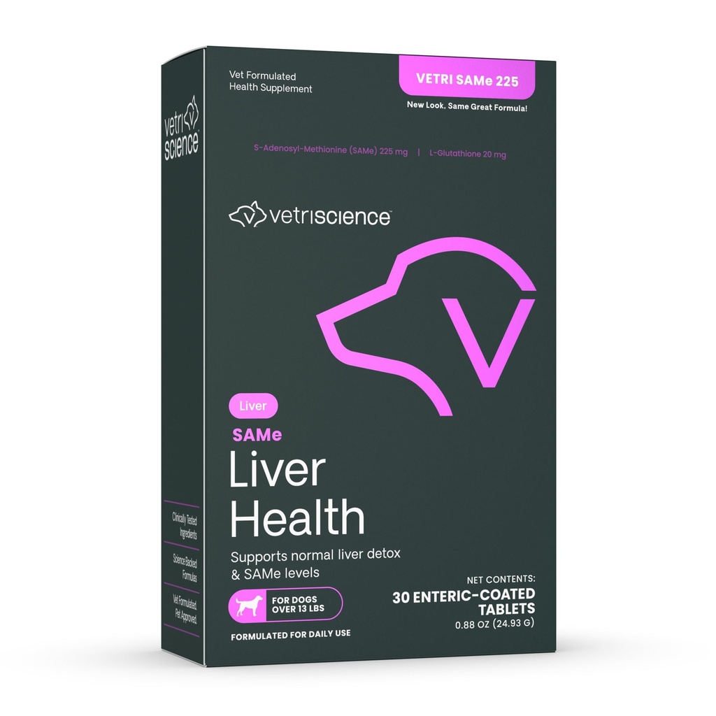 VetriScience SAMe Liver Health Tablets, 225 mg S-Adenosyl-Methionine Liver Health and Detox Supplement for Medium and Large Breed Dogs, Glutathione Antioxidant Liver Support, 30 Count