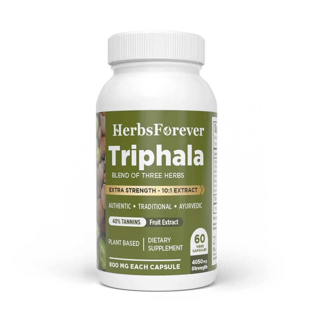 Herbsforever Triphala Capsules Extract Ratio (8:1) 40% Amla, Haritaki & Bibhitaki pour détoxifiant, nettoyant et rajeunissant quotidiennement 60 capsules de légumes