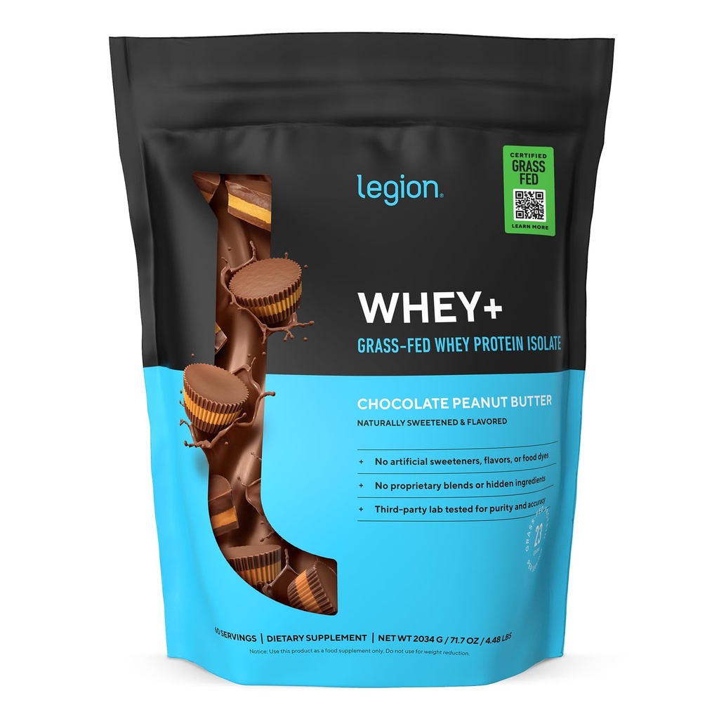 LEGION Whey+ Protein Whey Isolate from Grass Fed Cows (Chocolate Peanut Butter, 60 Servings) - Whey Protein Isolate Low Calorie, Non-GMO, Sugar Free, Lactose, Gluten Free, All Natural Protein Powder