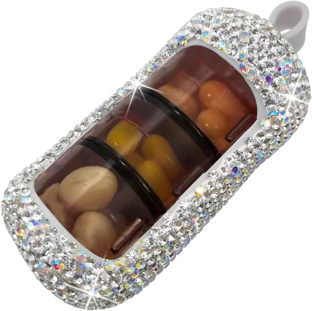 Organisateur de pilules Bling - Boîte à pilules compactes et mignonnes pour la purée - Élégant cas de pilule avec la conception scintillante - Support de médicaments amis des voyageurs - Organisateur de pilules Slide in/Out (Argent)