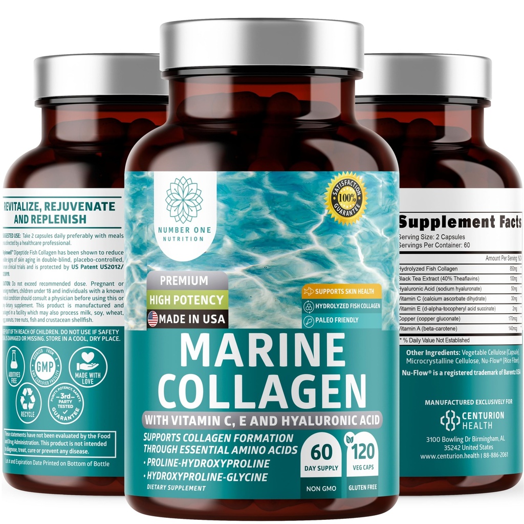 Hydrolysiertes Meereskollagen mit Hyaluronsäure, Vitamin C, Theaflavin und Kupfer, Kollagenpräparat für Frauen und Männer für strahlende Haut, Haare und Nägel, glutenfrei und nicht gentechnisch verändert, 120 Veg Caps