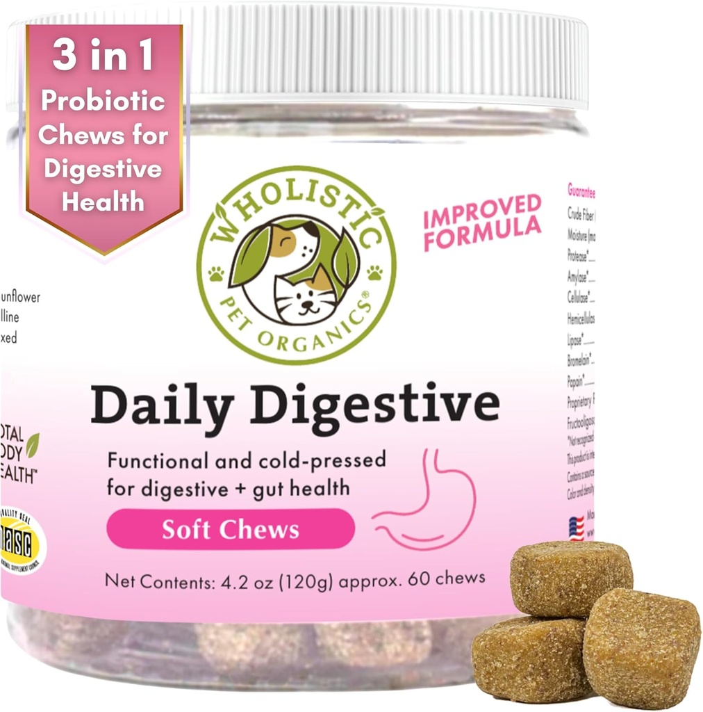 Wholistic Pet Organics: Probiotic Chews for Dogs Digestive Health - 60 Count - Dog Probiotics and Digestive Enzymes - Support Gut Health Immune Supplement Previene i problemi digestivi del cane