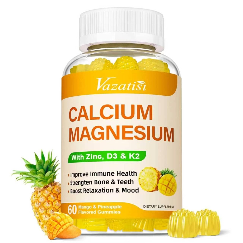Calcium Magnesium Zinc Gummies with Vitamin D3 and K2, High Absorption Magnesium Glycinate Potassium for Immune and Calm Mood, Vegan Mango and Pineapple Flavor 60 Gummies