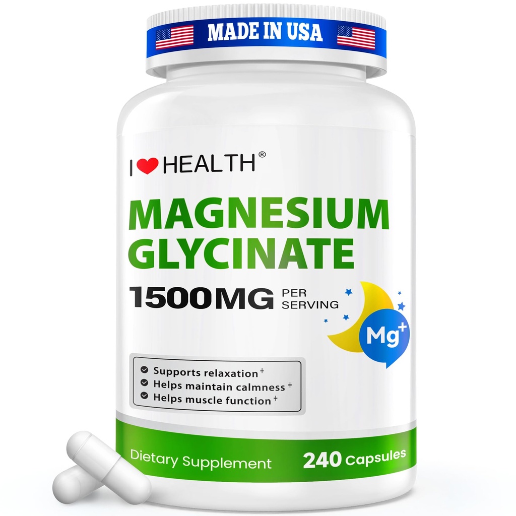 Magnesium Glycinate 1500mg – 240 Capsules– High Absorption Magnesium Supplement for Relaxation, Calmness & Muscle Support – Gentle on Stomach – Made in USA