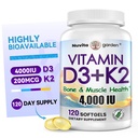 4000 IU Vitamin D3 & 200 mcg K2 MK-7 Vitamin K2 (MK7) with D3 Supplement Supports Bone, Calcium Balance, Immunity & Mood 2 in 1 Formula Easy to Swallow D & K Complex, 120 Softgels