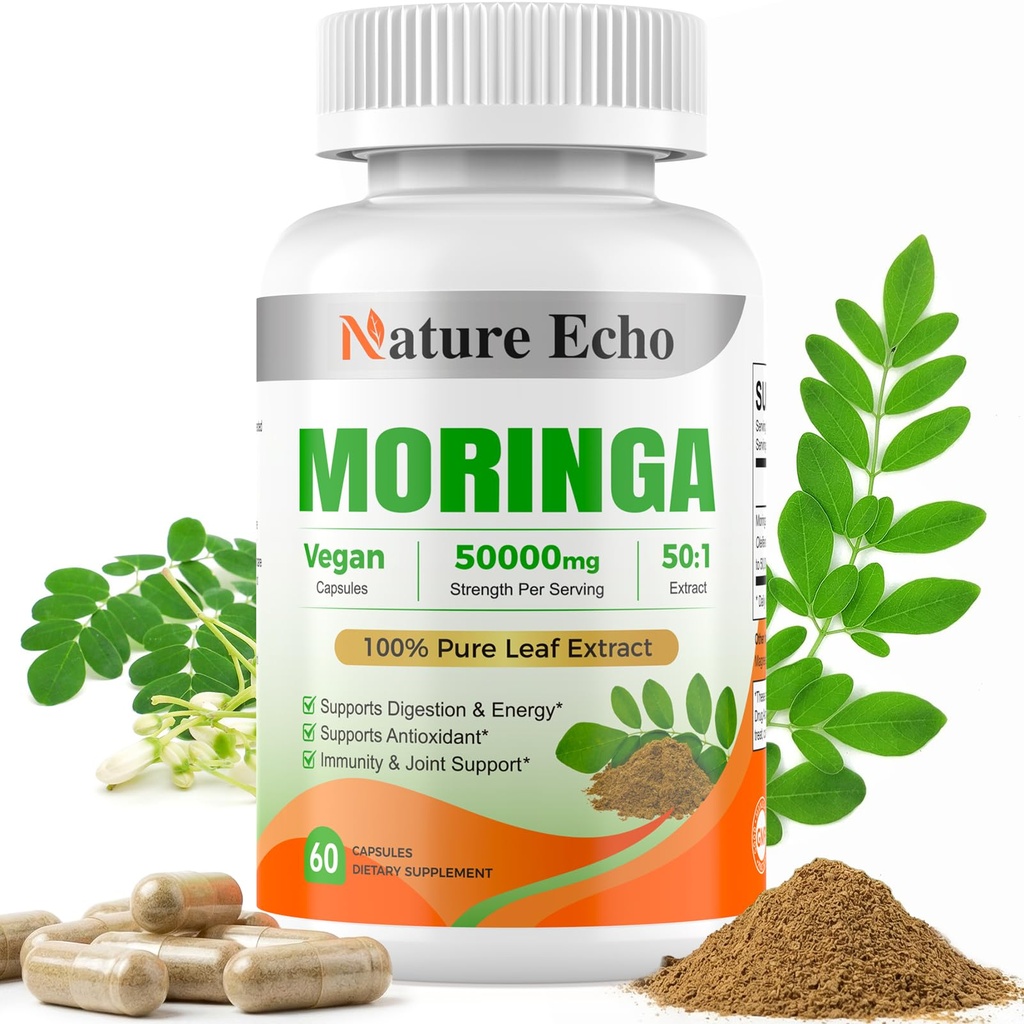 Moringa Oleifera Capsules, 50:1 High Potency Extract- Superfood Supplement - Vegan, Non-GMO, Gluten Free - 60 Count