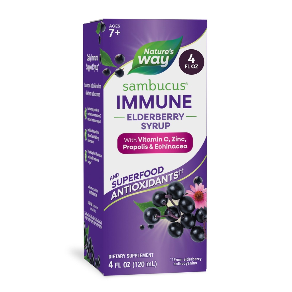Nature's Way Sambucus Elderberry Immune Syrup, Elderberry Extrakt Vitamin C und Zink mit Propolis & Echinacea für Immununterstützung*, Glutenfrei, Vegetarisch, 4 Fl Oz