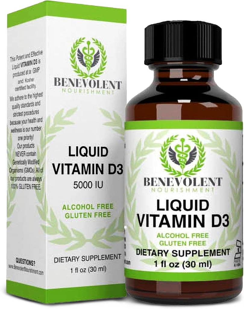 Bénévolent Nourriture Vitamine D3 gouttes 5000 UI - Potent et efficace 1000 UI par goutte - Absorbant rapidement le supplément alimentaire liquide - 100 % sans alcool et sans gluten