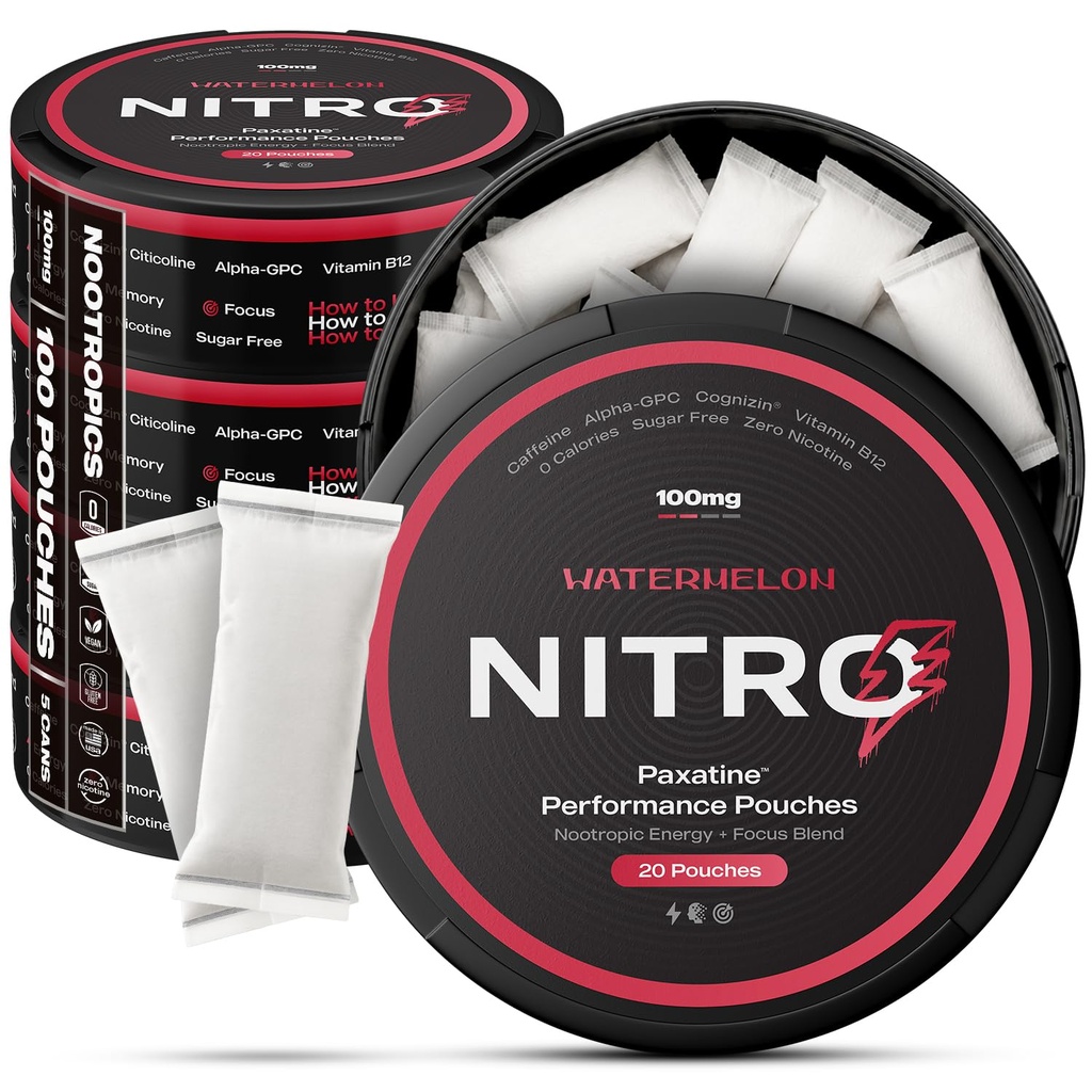 Nitro Nootropic Energy Pouches - Energy + Focus Pouches - 100mg Caffeine, Alpha GPC, Cognizin® Citicoline, L-Theanine, Vitamin B12 - No Sugar, Nicotine-Free - 20 Pouches Per Can - 5 Pack - Watermelon