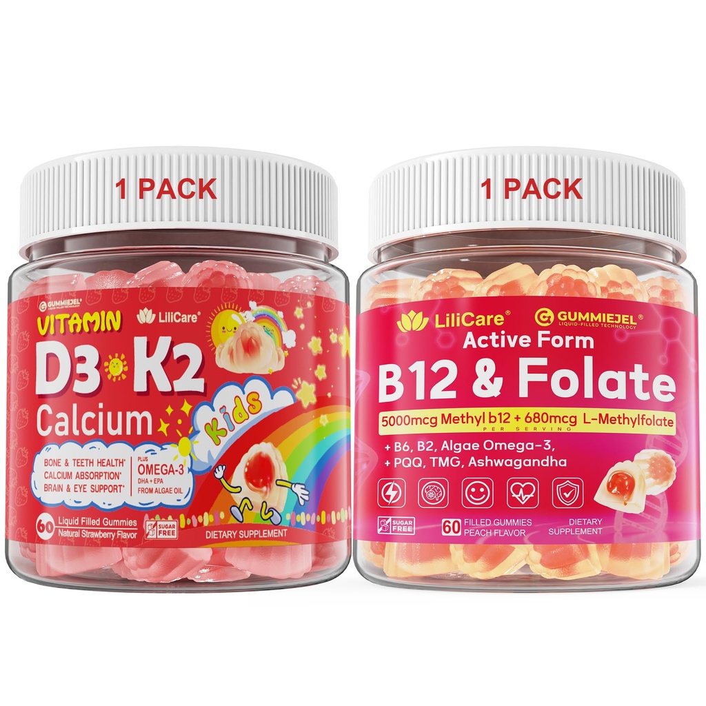 LILICARE Bundle: Vitamin D3 K2 Gummies for Kids 1 Pack & Methyl B12 + L-Methylfolate Gummies 1 Pack
