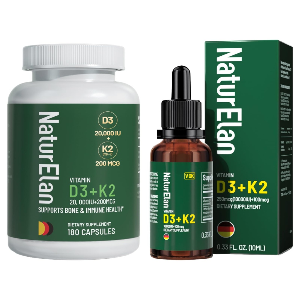 NaturElan Vitamin D3 K2, K2 D3 Vitamin Supplement Supports Bone, Immune, Heart & Teeth Health, Third-Party Tested, Vegan, Non-GMO, Gluten Free