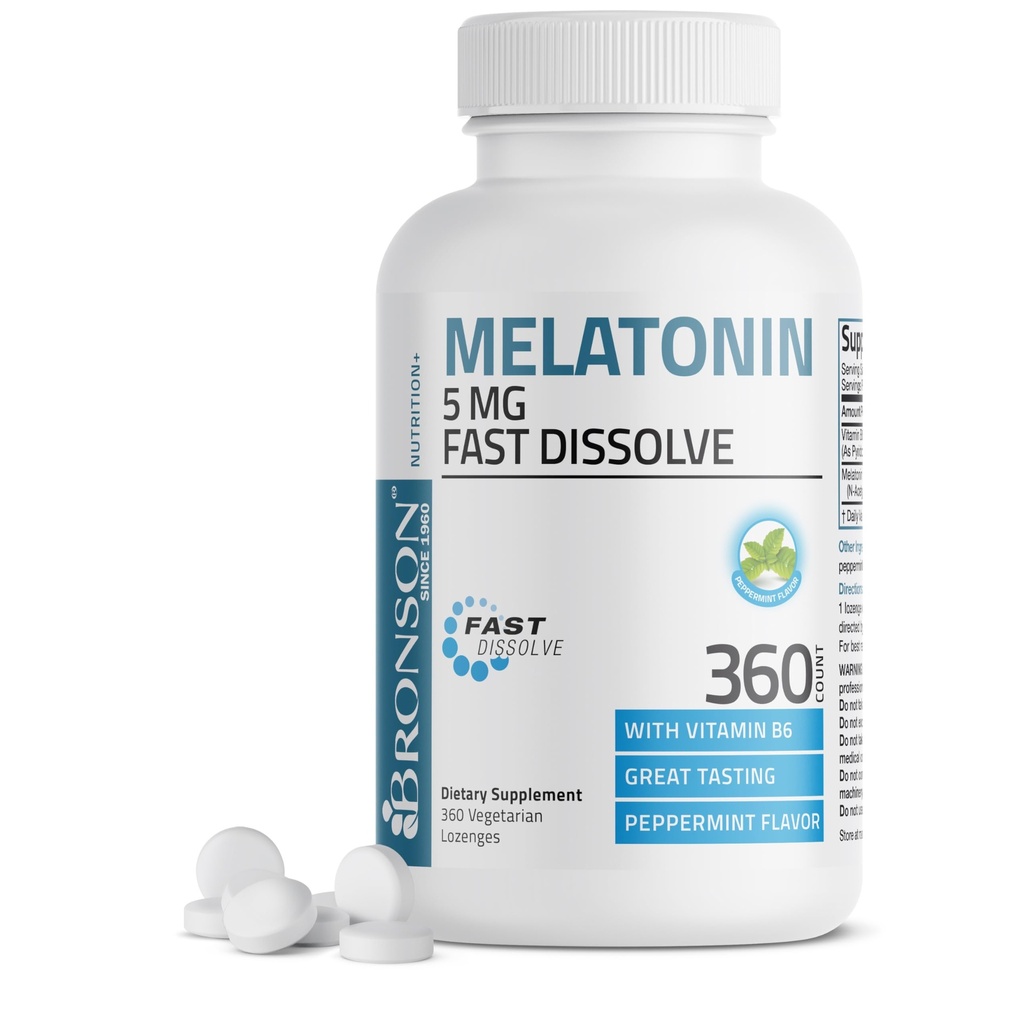 Bronson Melatonin 5mg Fast Dissolve Pfefferminztabletten mit Vitamin B6 - Fördert Entspannung, 360 vegetarisch Kaubare Lozenges