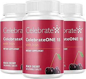 Célébrez les vitamines Célébrez L'ONE 18 Chewables, 18mg Fer - Une fois par jour Multivitamine bariatrique, Vitamines et minéraux essentiels - Supplément gastrique - Cerise noire (90 comprimés)