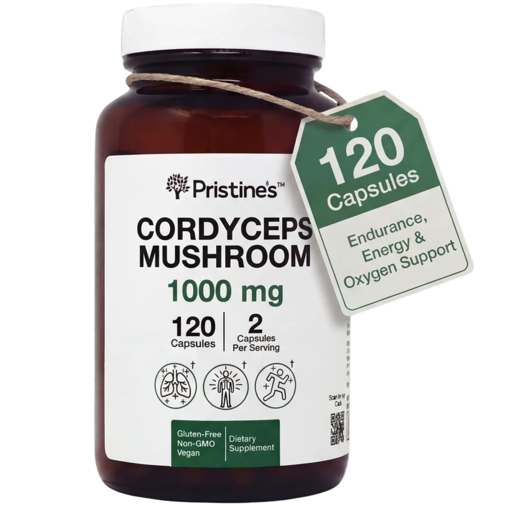 PRISTINE's Cordyceps Mushroom Capsules - 60 Tage Versorgung 1000 MG - Athletische Leistung, Ausdauer und Immunität Adaptogen Supplement - Anti Aging Support Antioxidans