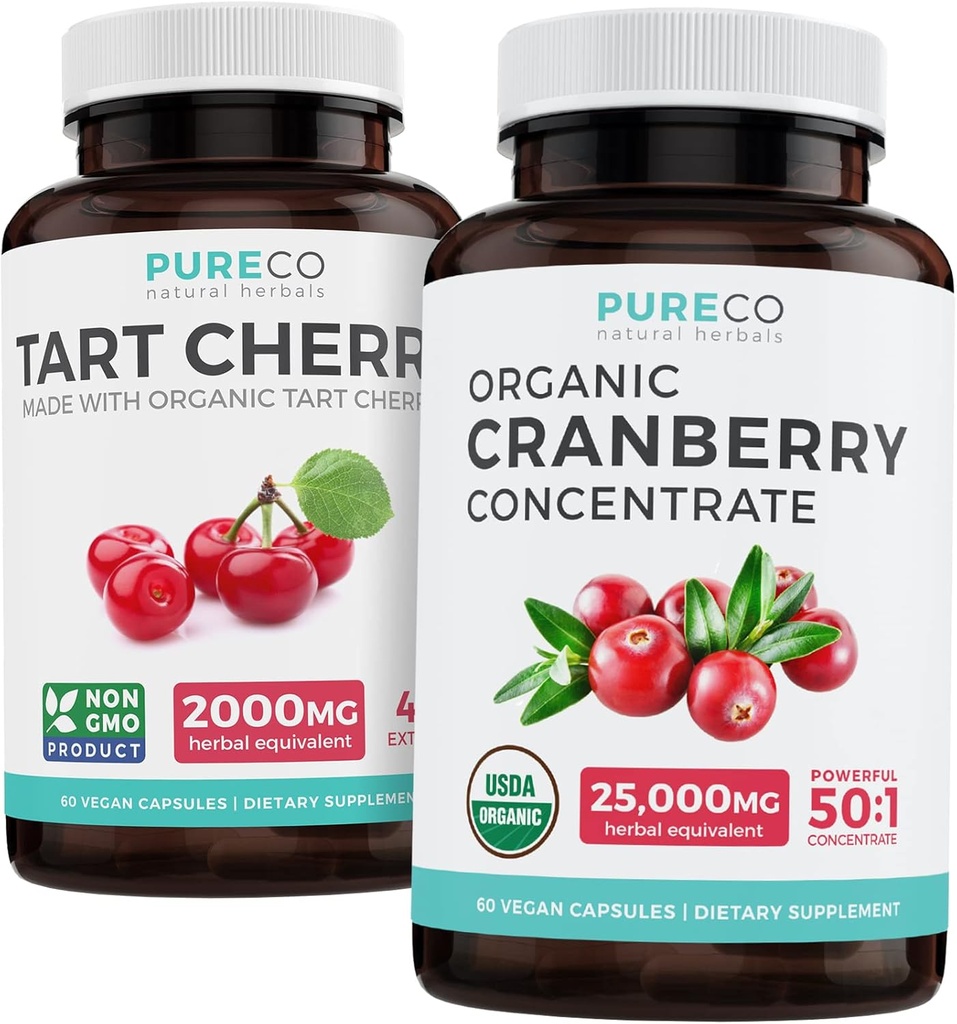 Pilules de canneberges et cerises à tarte biologiques - Un ensemble propre et clair - Traitement urinaire et soutien de l'acide Urique - Pilules de canneberges biologiques - 50:1 Capsules de cerises à tartes concentrées et organiques - 4:1 Extrait