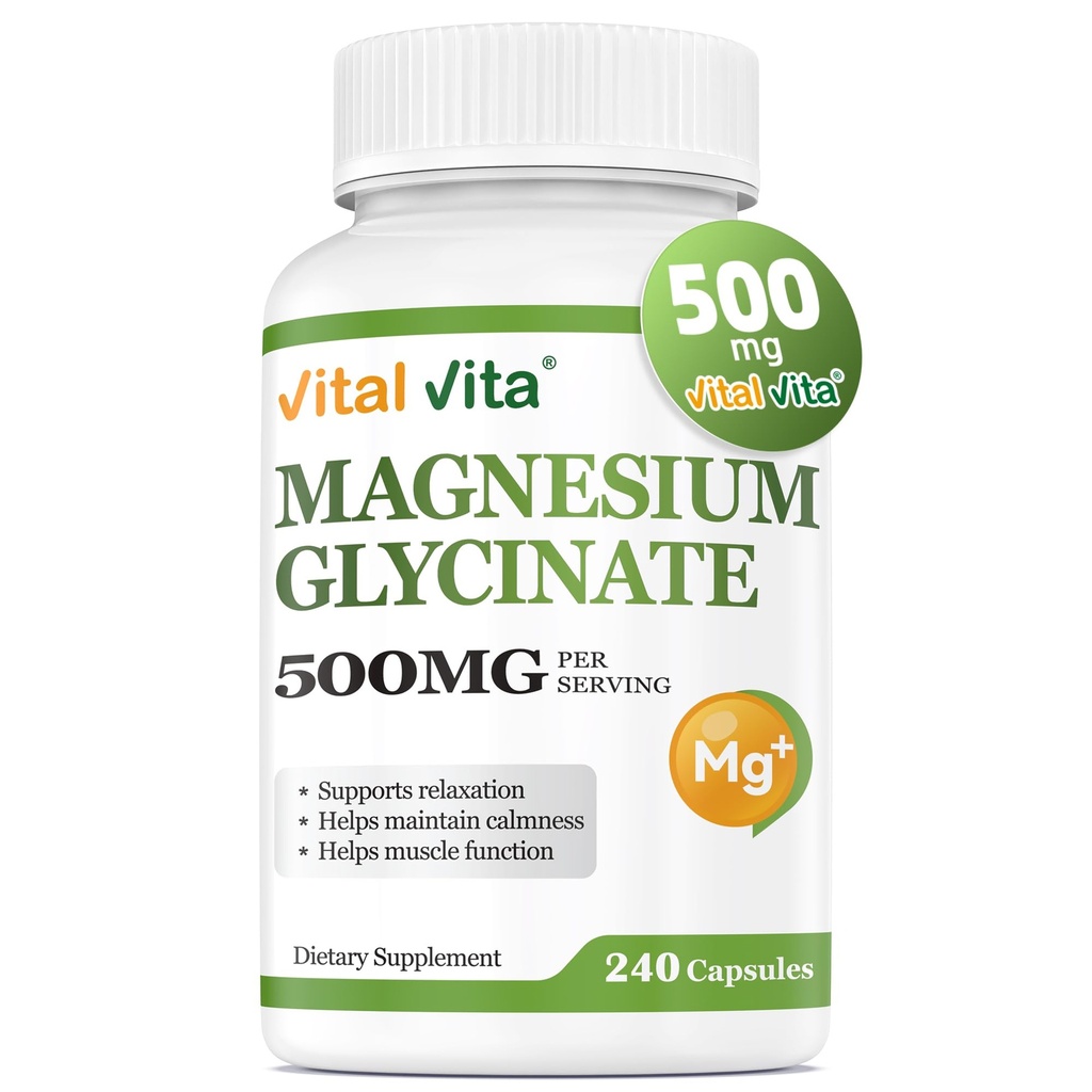 Magnesium Glycinate 500mg Per Capsule - High Absorption, Extra Strength Supplement for Sleep Support & Muscle Relaxation*, Gluten-Free, 240 Capsules
