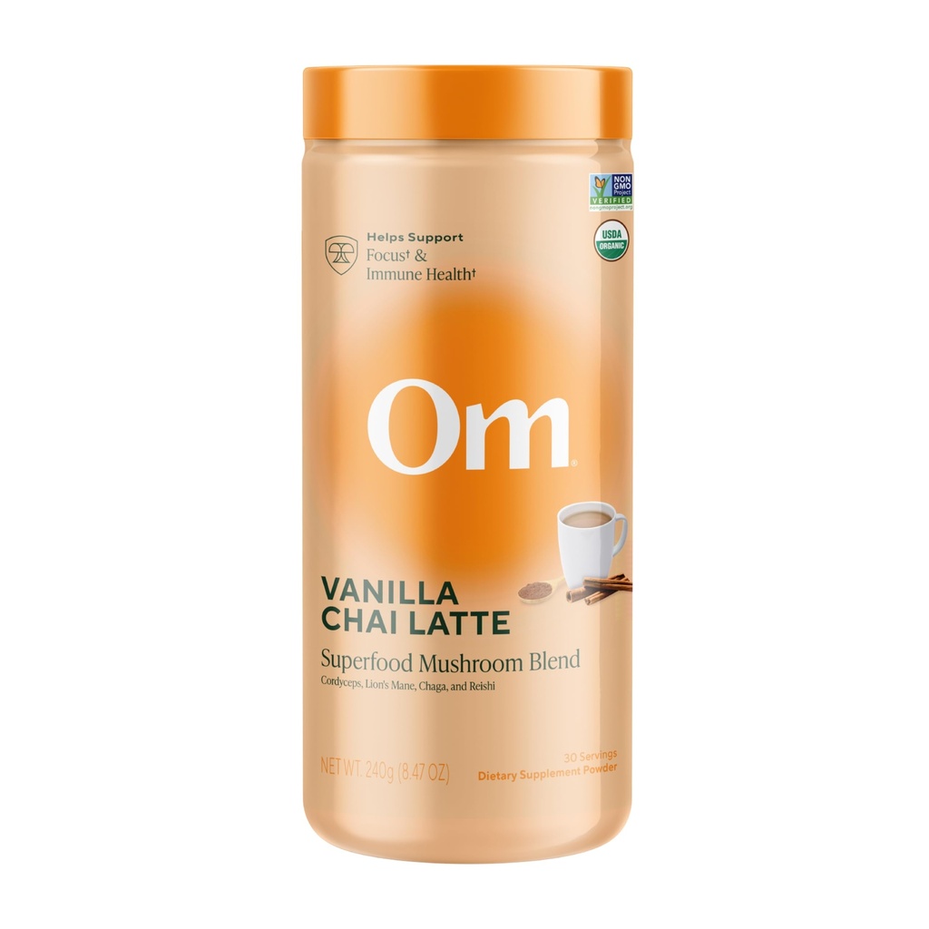 OM Mushrooms SUPERFOODS Creamy Vanilla Chai with Organic Adaptogenic Mushrooms for Energy, Focus, Digestion & Immunity, Lion's Mane, Turkey Tail, Reishi, Cordyceps & Chaga, 30 Servings