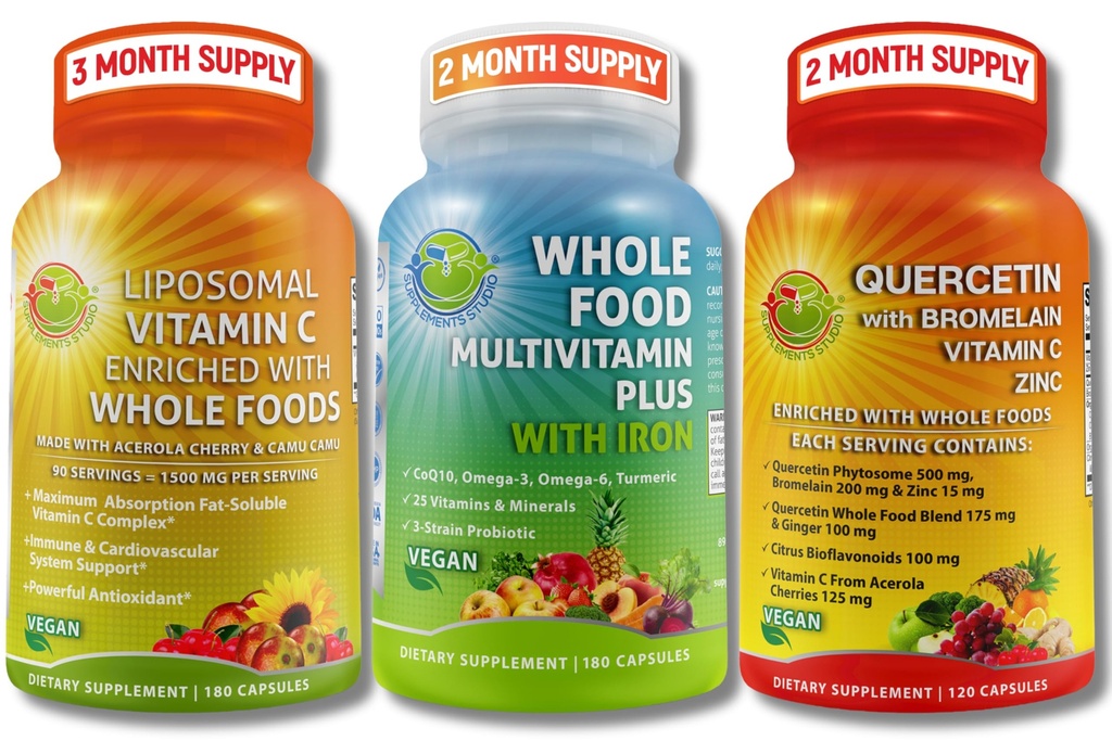 SUPPLÉMENTS STUDIO Immunine végétalienne, énergie et ensemble de soutien du corps – Multivitamine d'aliments entiers végétaliens avec fer + vitamine liposomique C 1500mg + quercétine avec bromelain, zinc et vitamine C – non-OGM