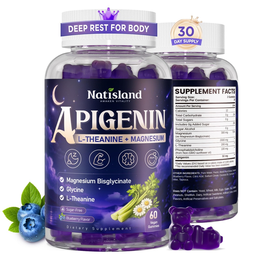 Apigenin Supplement for Sleep, Apigenin 50mg with L-Theanine, Magnesium Bisglycinate, Glycine, Relaxation & Deep Rest, Melatonin-Free, Sugar-Free, Non-GMO, 60 CT