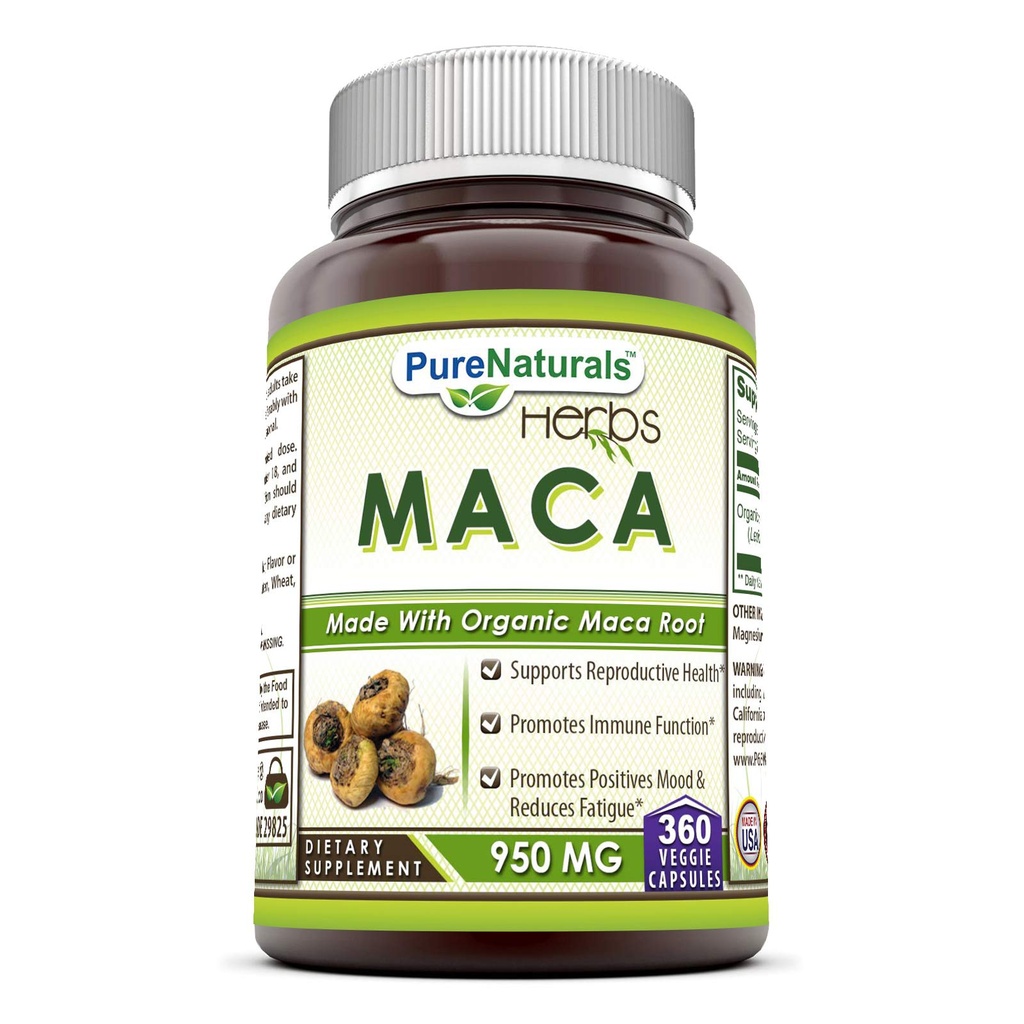 Pure Naturals Maca Supplement | 950 Mg Per Serving | 360 Veggie Capsules | Non-GMO | Gluten-Free | Made in USA