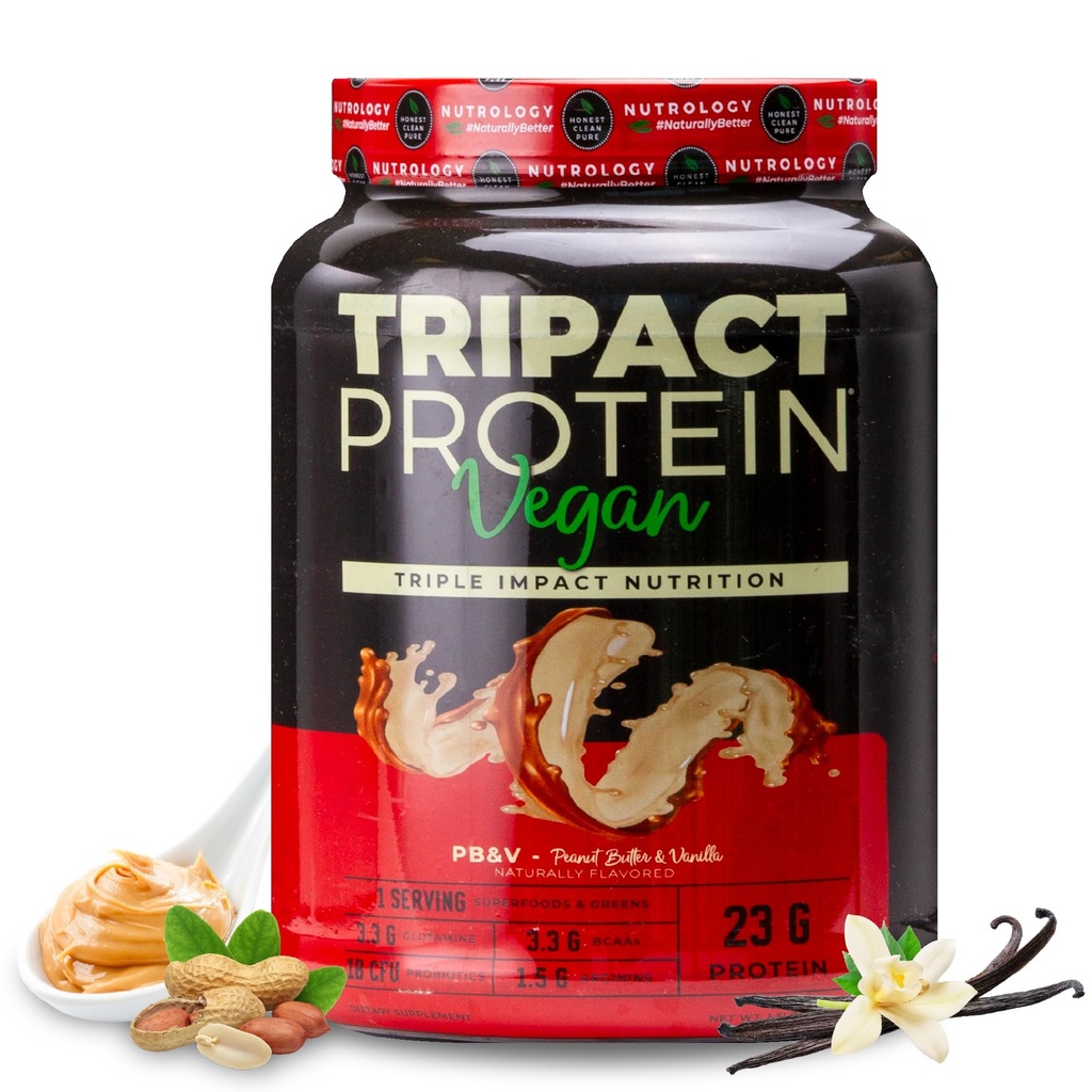 Nutrology TRIPACT Vegan Protein Powder - Organische Pea, Reis & Kürbisprotein, BCAAs & Glutamine Pflanzenbasierte Mealer Ersatz Shakes für Muskelrückgewinnung & Immunität, Peanut Butter & Vanille, 20 Portionen