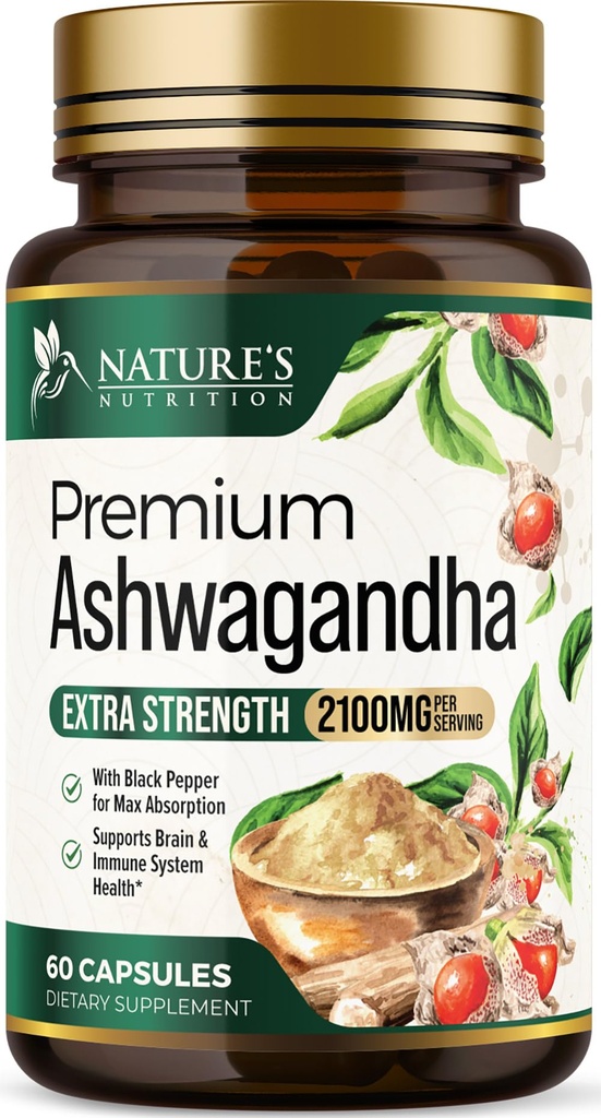 Ashwagandha Ergänzungen - 2100mg Ashwagandha Kapsel für Damen und Herren, Natürliche Antioxidante Unterstützung, Ashwa Root Extract, Extra Strength Calm Support mit schwarzem Pfeffer, Vegan & Gluten kostenlos - 60 Kapseln