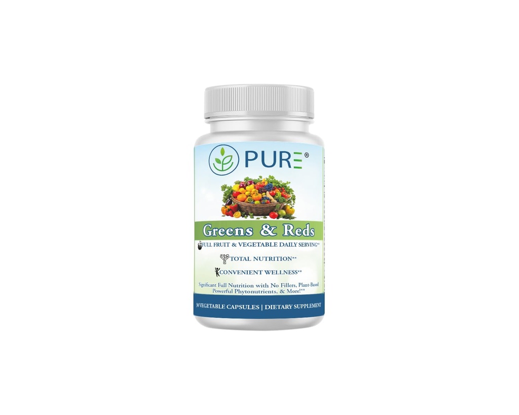 PURE® Greens & Reds Capsules - 30 Servings - 9 Daily Servings of Fruits & Vegetables in 1 Capsule - PhytoServ® Superfood Blend with Broccoli, Kale & Berries - Plant-Based Phytonutrient Shield