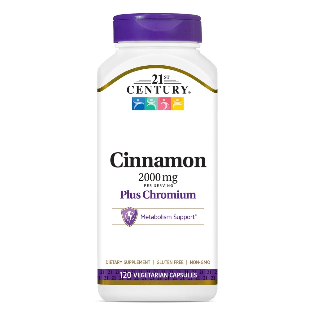 21st Century 2000 mg Cinnamon Plus Chromium capsule vegetariane (120 conte), integratori di cannella Supporta il metabolismo di zucchero e carboidrati, senza glutine, non OGM, non Aggiunto aromi artificiali