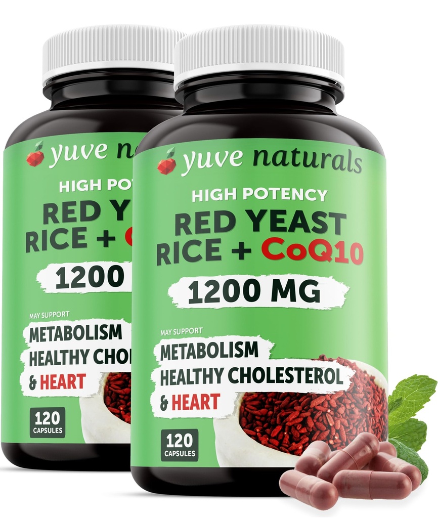 Rote Hefe Reis 1200 mg Kapseln mit CoQ10 - Pflege gesunde Cholesterol Levels, Kräuterherz Gesundheit Vegan Rote Hefe Reis Ergänzung - Rote Reis Hefe mit CoQ10 für Frauen & Männer - 120 Ct (2-Pack)