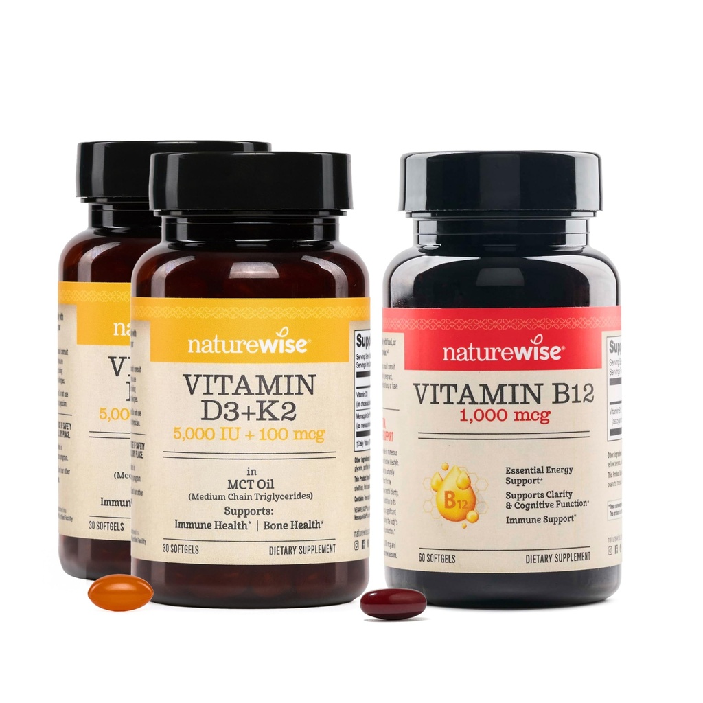 NatureWise (Pack of 2 Vegan Vitamin D3 5000IU + K2 - Organic Coconut MCT Oil - 30 Softgels[30-Day Supply] + [1] Vitamin B12 1000 mcg - Gluten-Free, Non-GMO - 60 Softgels[60-Day Supply]