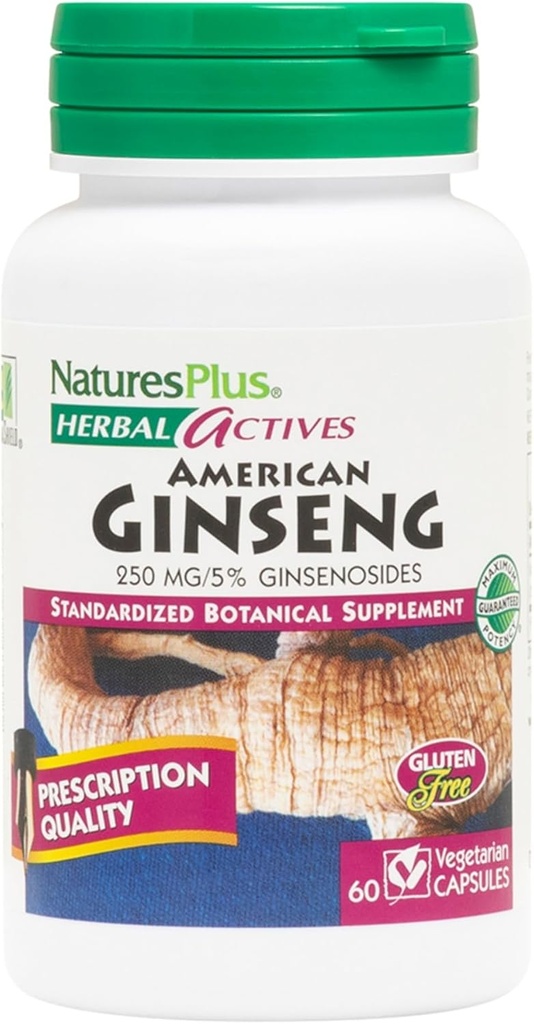 Natures Plus Kräuter-Aktive American Ginseng - 250 mg, 5% Ginsenosides - 60 Vegan Kapseln - Glutenfrei - 60 Portionen
