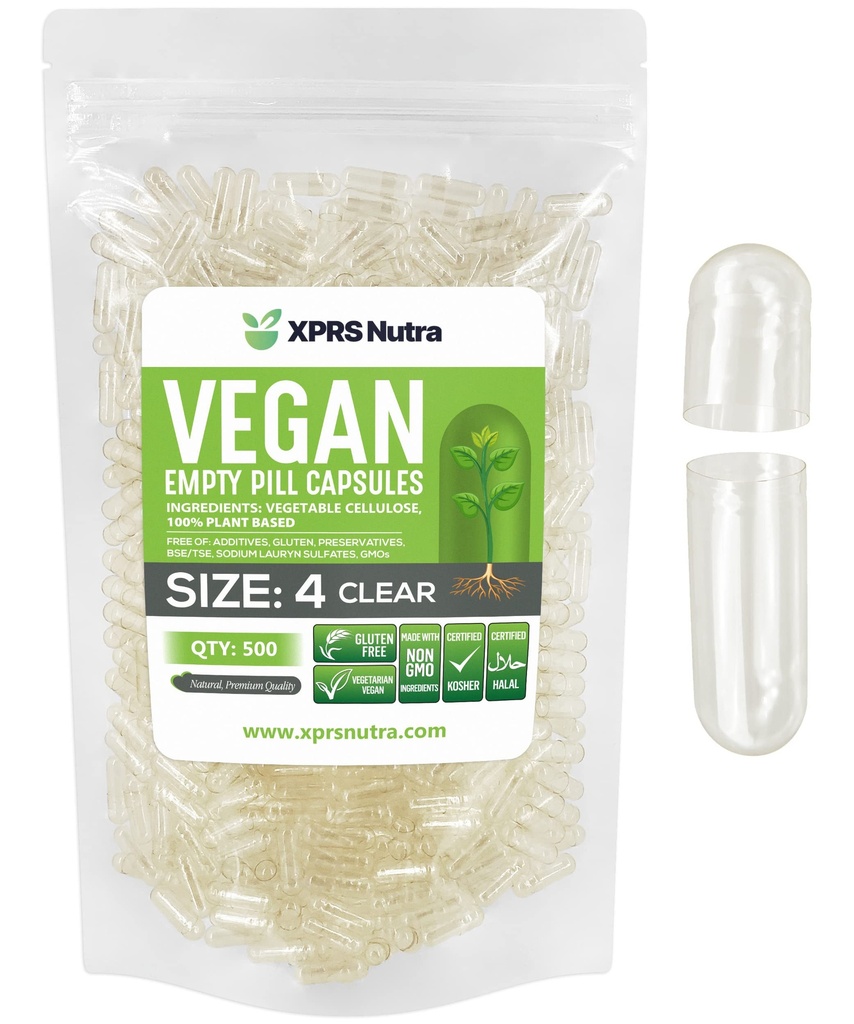 XPRS Nutra Größe 4 Leere Kapseln - 500 Graf Klare kleine leere Vegan Kapseln - DIY Gemüse Kapsel Füllung - Füllbare Do-It-Yourself Veggie Pillen Kapseln für Ergänzungen