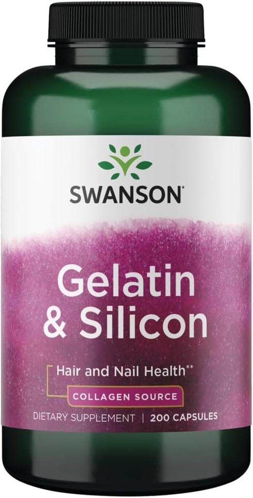 Swanson Gelatin und Silikon - Kollagenproteine unterstützen gesundes Haar und Nägel - Hilft, Vitalminerale für starke Nägel und dickes Haar zu liefern - 20mg Silikon und 1.08 Gramm Gelatin - (200 Kapseln)
