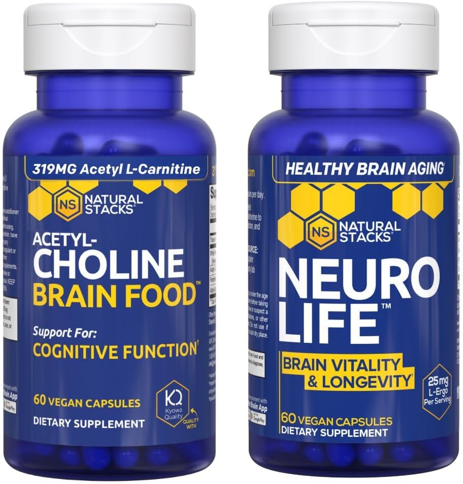 STACKS NATURAUX NeuroLife + acétylcholine Brain Food Bundle - Soutient la fonction cognitive et la longévité cérébrale* - 120 Capsules totales