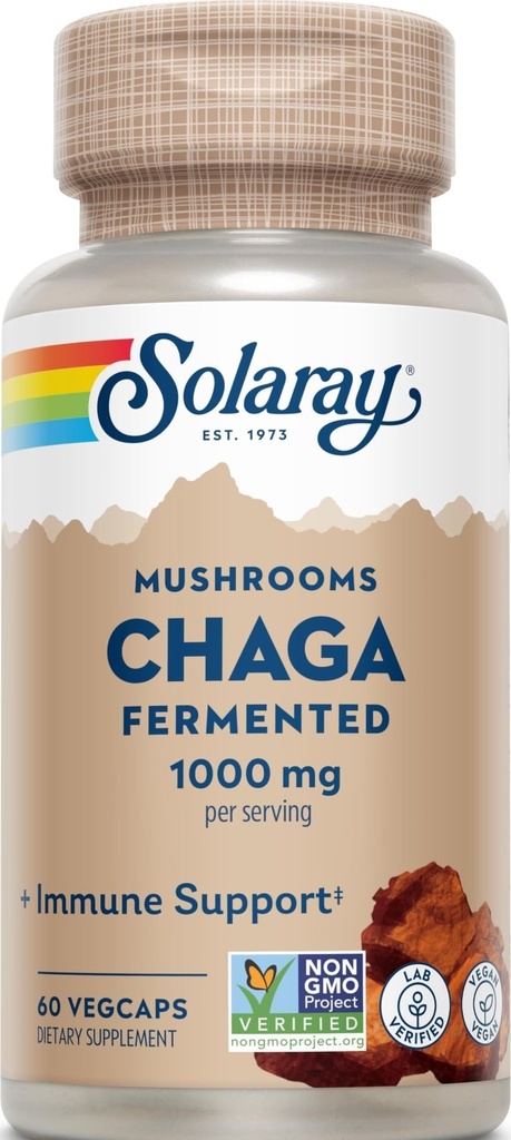 SOLARAY Champignon de Chaga fermenté 1000 mg , Soutien de la fonction immunitaire santé , 30 portions 60 VegCaps